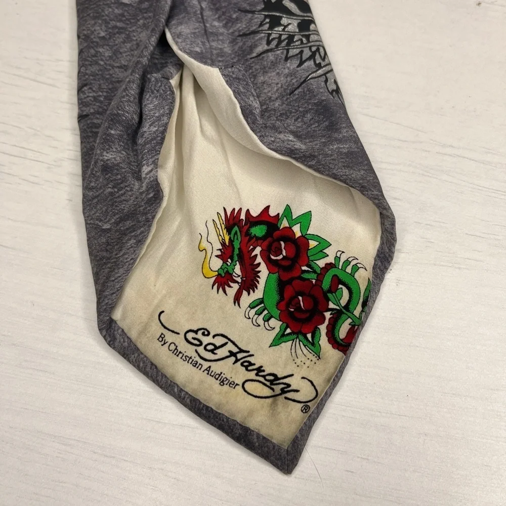 Ed Hardy Gray Tiger Silk Tie Y2K